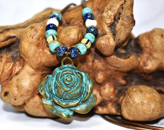 Bronze Rose Pendant on Beaded Bronze Leather Cord, Unique Jewelry Gift For Her