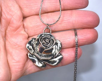 Silver Rose Pendant Necklace, Silver Floral Jewelry Gift For Her