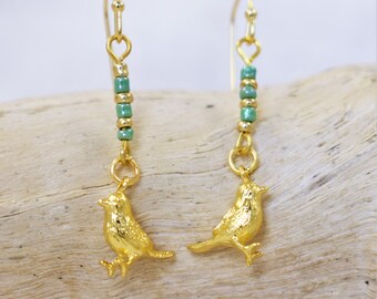 Earrings - Tiny Gold 3D Bird Earrings with Glass Seed Beads on 18K Gold Filled Ear Wires