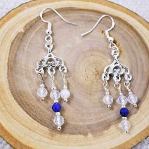 Moonstone and Lapis Lazuli Earrings, Silver Chandelier Earrings Gift for Her