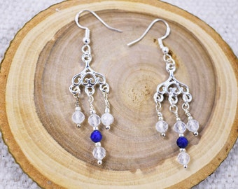 Brincos de pedra da lua e lápis-lazúli, brincos de lustre de prata, presente para ela