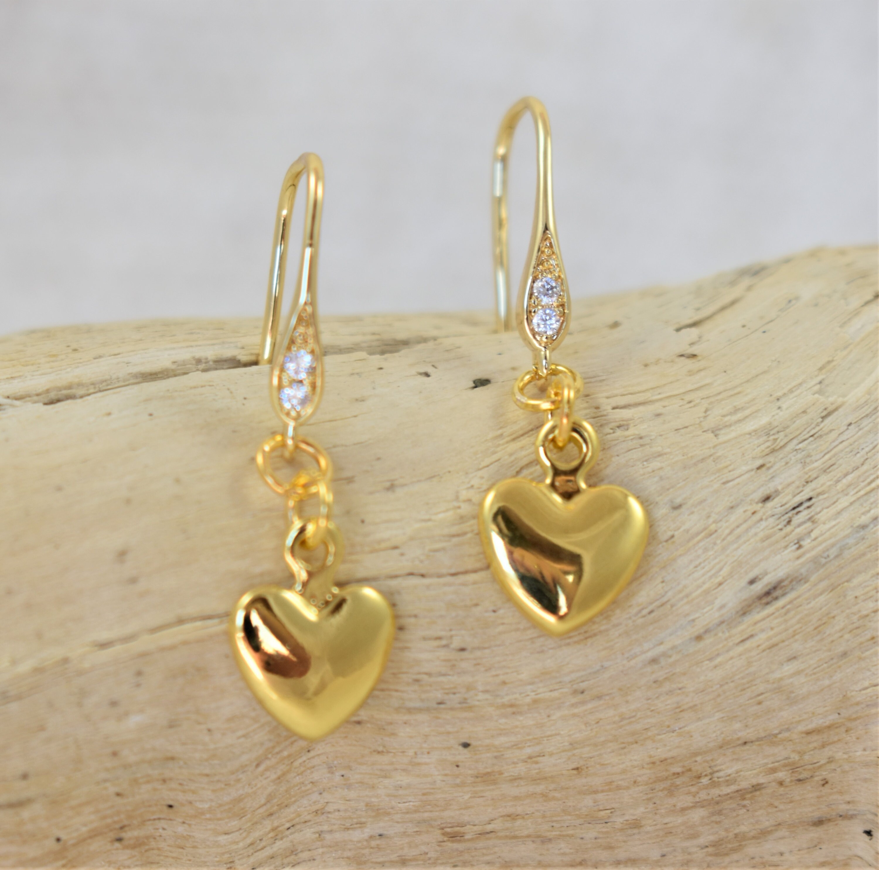Gold Heart Earrings, Gold Filled Earring Wires With Crystals