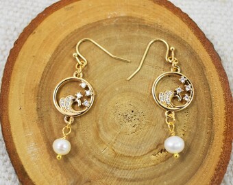 Pendientes de perlas de agua dulce con forma de ola: joyas oceánicas de cristal relleno de oro