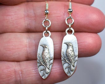 Silver Raven Bird Earrings, Jewelry Gift For Her