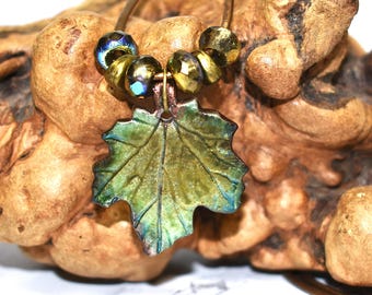 Ceramic Maple Leaf Pendant Necklace on Beaded Bronze Leather Cord
