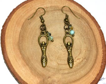 Bronze Goddess Earrings with Tiny African Turquoise Beads