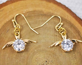 Dainty Crystal Wing Earrings: 18K Gold Plated Moissanite
