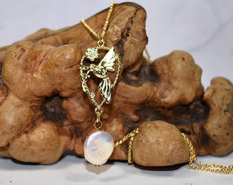 Gold Hummingbird Pendant Necklace with Keshi Pearl Drop, Jewelry Gift For Her