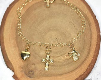 Gold Chain Bracelet with Angel, Cross and Heart Charms, Jewelry Gift For Her