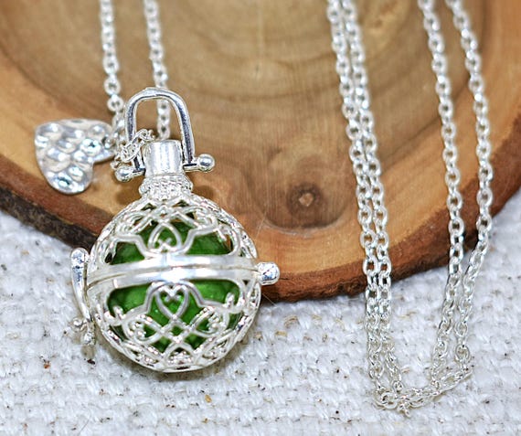 Silver Mexican Angel Caller Harmony Chime Ball Necklace With Heart