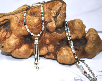 Multi-gemstone Micro Beaded Necklace with Unique Silver Droplet Pendant