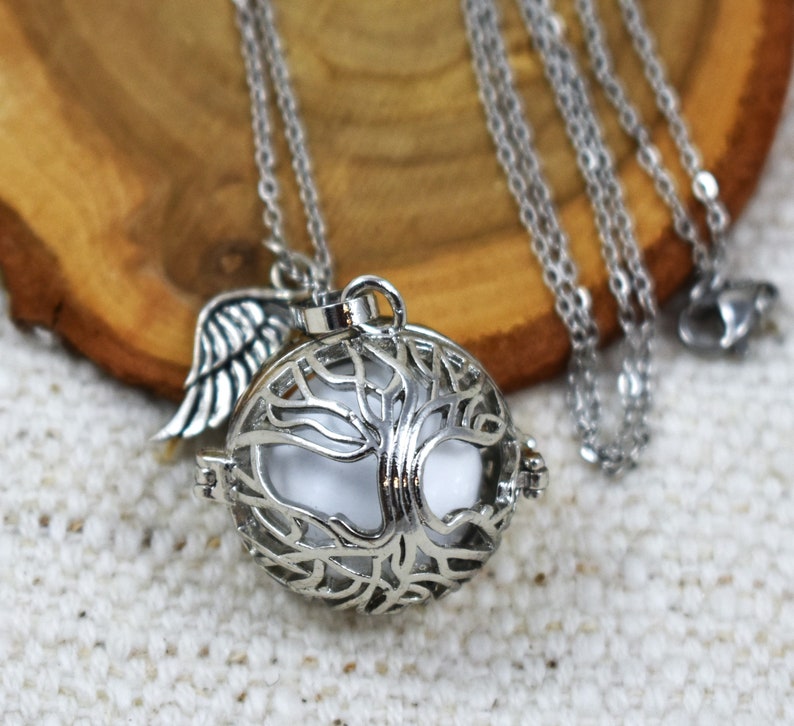 Mexican Angel Caller Harmony Chime Ball, Tree of Life Necklace, Gold or Silver angel caller, angel wing, long chain, angel caller jewelry, chime ball jewelry gift, pregnancy necklace, jewelry for expecting mothers, necklace for wife, Mom gift, sister gift, Mother's day gift, gold tree of life locket jewelry, silver tree of life locket jewelry gift for her, guardian angel caller chime ball necklace, pregnancy jewelry, Birthday gift for her, Christmas gift for her