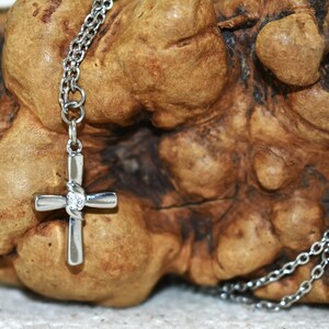 Silver Cross Necklace: Crystal Center, Stainless Steel Chain