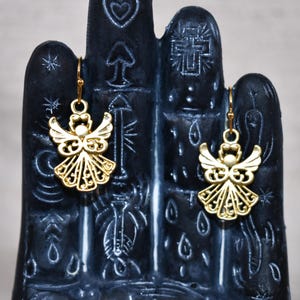 Gold Angel Earrings pretty angels in matte satin gold. Earrings gift for Christmas season. Jewelry gift for her. Gift for wife, gift for daughter, gift for co-worker, gift for best friend, Religious angel gift, gift for mom, gold earrings gift, satin