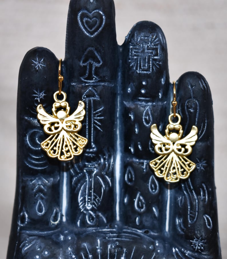 Gold Angel Earrings pretty angels in matte satin gold. Earrings gift for Christmas season. Jewelry gift for her. Gift for wife, gift for daughter, gift for co-worker, gift for best friend, Religious angel gift, gift for mom, gold earrings gift, satin