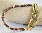 Bracelet - Antique Gold Curved Leaf Bracelet with Czech Glass Beads