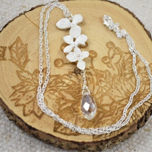 Floral Crystal Necklace: Matte Silver Pendant, Sterling Silver Chain