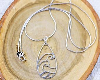 Sterling Silver Ocean Wave Pendant Necklace: Teardrop Cut-Out