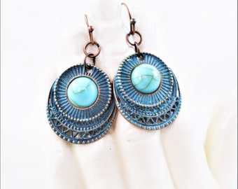 Earrings - Turquoise and Copper Patina Circular Earrings