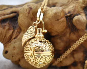 Gold Angel Caller Necklace: Rose Cut-Out Harmony Chime Ball, Jewelry Gift for Her