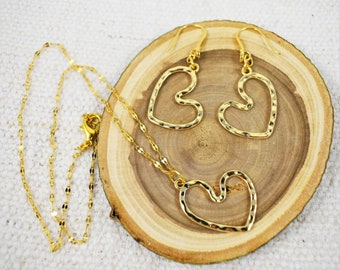 Jewelry Set - Gold Hammered Hearts Necklace and Earrings Gift For Her