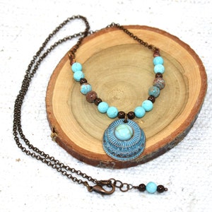 Turquoise Beaded Necklace: Copper Patina Pendant, Boho Style
