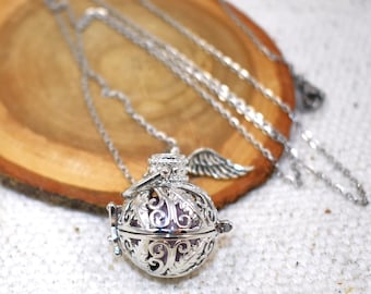 Silver Angel Caller Necklace: Harmony Chime Ball, Angel Wing Charm