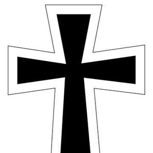 May include: A black cross with a white outline. The cross is a religious symbol.