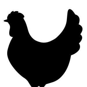 May include: Black silhouette of a chicken with its head turned to the left and its tail feathers spread out.