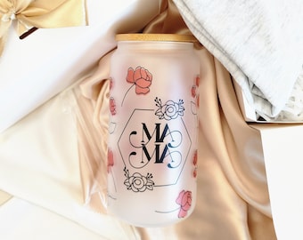 Taza de café helado para mamá, regalo para madrastra, copa floral para mamá, vidrio de lata esmerilada, regalo del Día de las Madres, regalo adicional para mamá, taza de vidrio, vaso de café