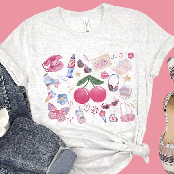 Y2K Nostalgia Shirt, Pink Cherry Y2K Tee, Cherries Coquette T-shirt, 2000s nostalgia, Lava Lamp Shirt, Cassette Tape Graphic