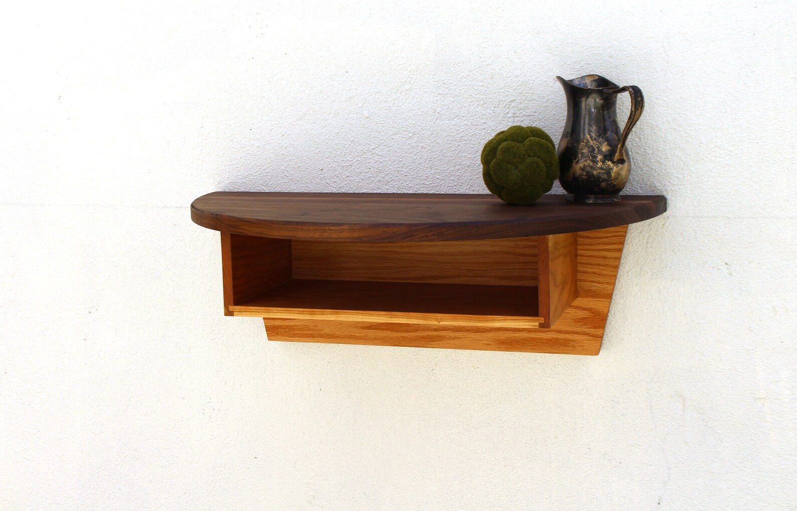 Large Half Round Shelf With Cubby, Walnut Semi Circle Floating Shelf
