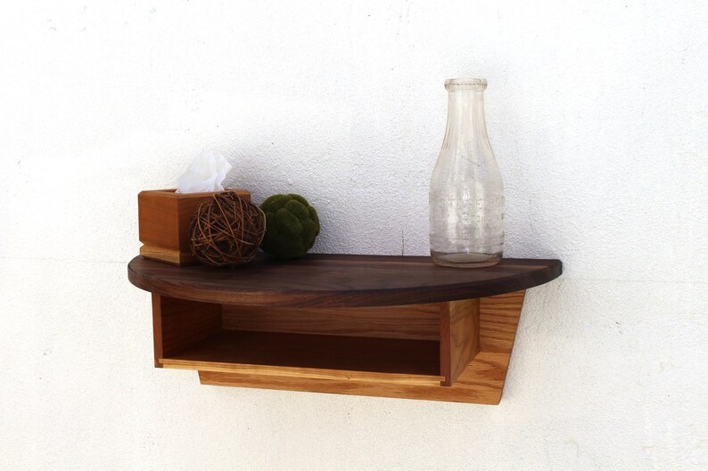 Large Half Round Shelf With Cubby, Walnut Semi Circle Floating Shelf