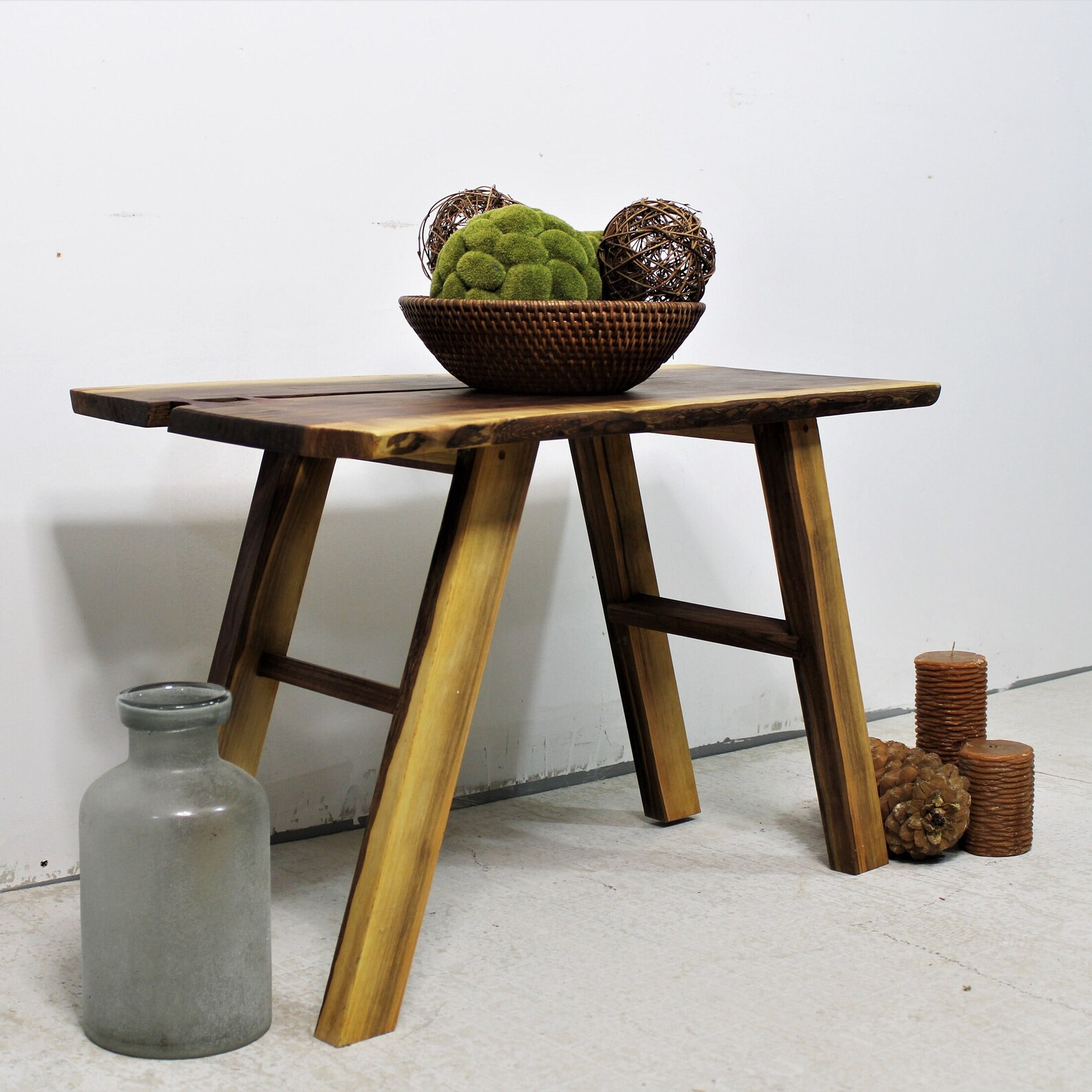 Rustic Cherry Wood Bench With Teak Inlays and Sapele Braces, Large ...