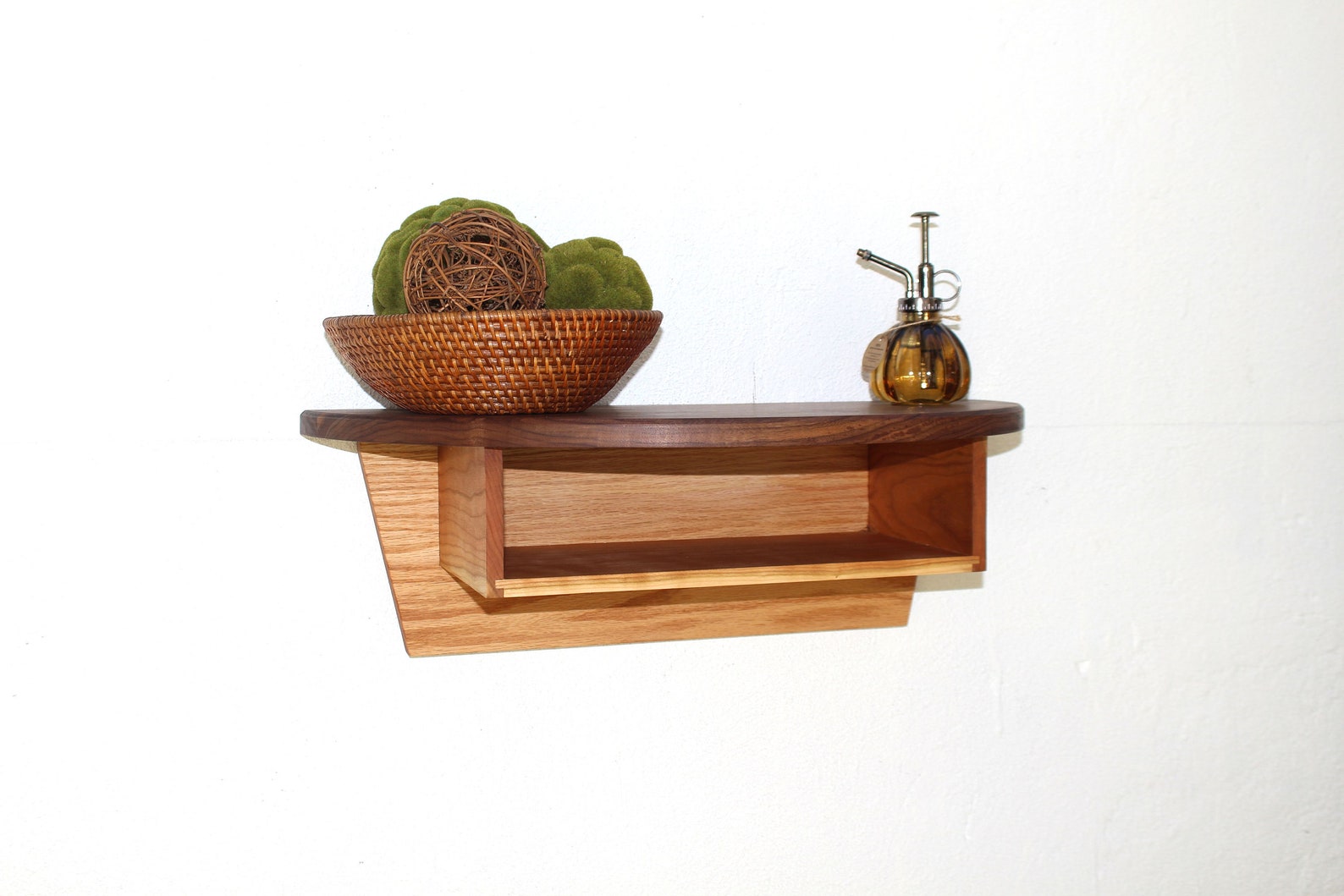 Large Half Round Shelf With Cubby, Walnut Semi Circle Floating Shelf