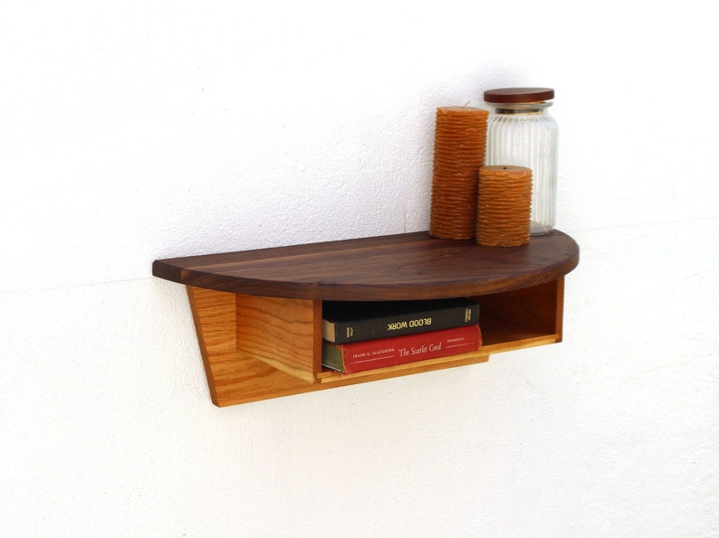 Large Half Round Shelf With Cubby Walnut Semi Circle Floating Etsy