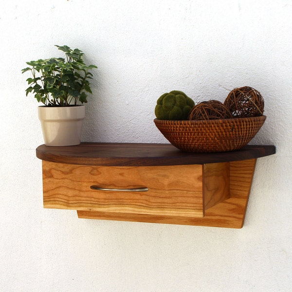 Entryway Floating Shelf with Drawer, Walnut Cherry Wooden Shelf, Semi Circular Shelf with Small Drawer, Half Circle Bedside Table Stand