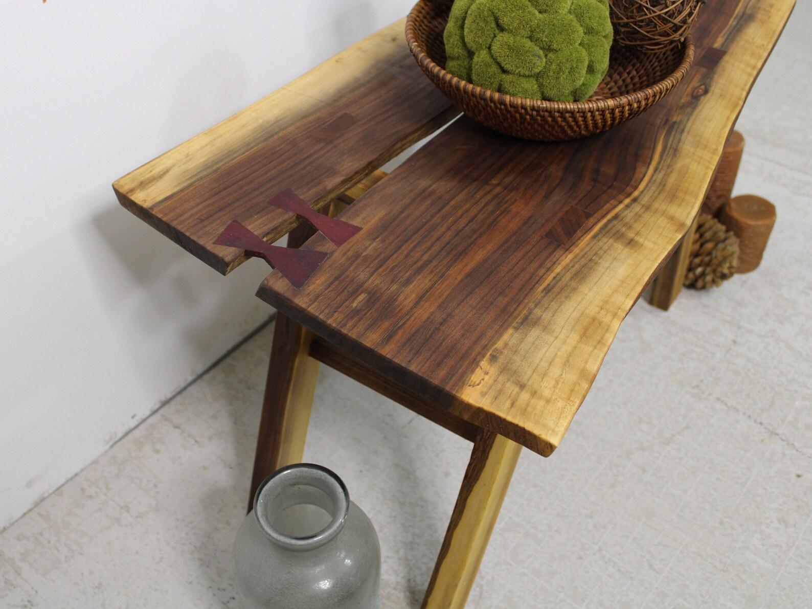Rustic Cherry Wood Bench With Teak Inlays and Sapele Braces, Large ...