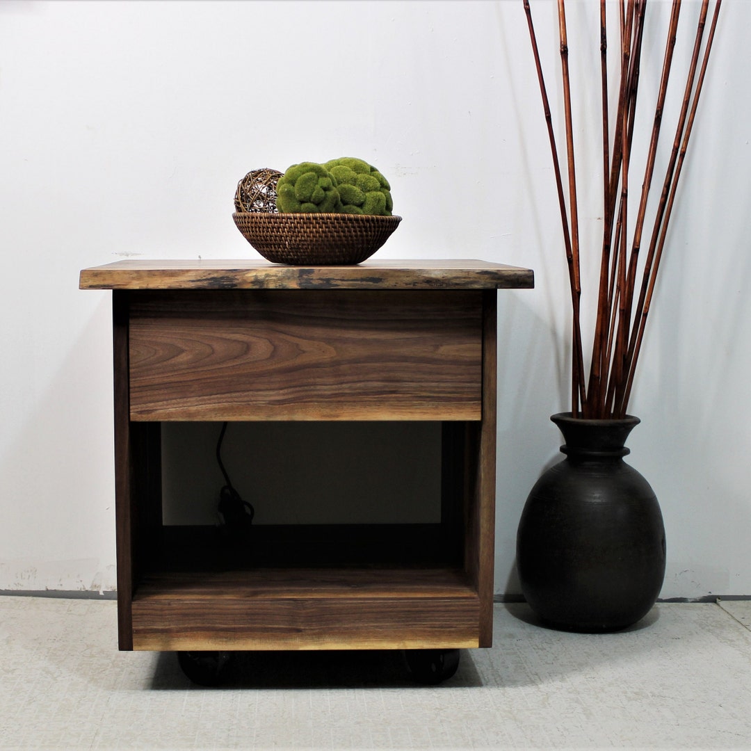 Walnut Night Table With Drawer Rolling Bedside Table on Casters Etsy — free download