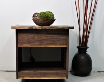 Walnut Night Table with Drawer: Rolling Bedside Table on Casters