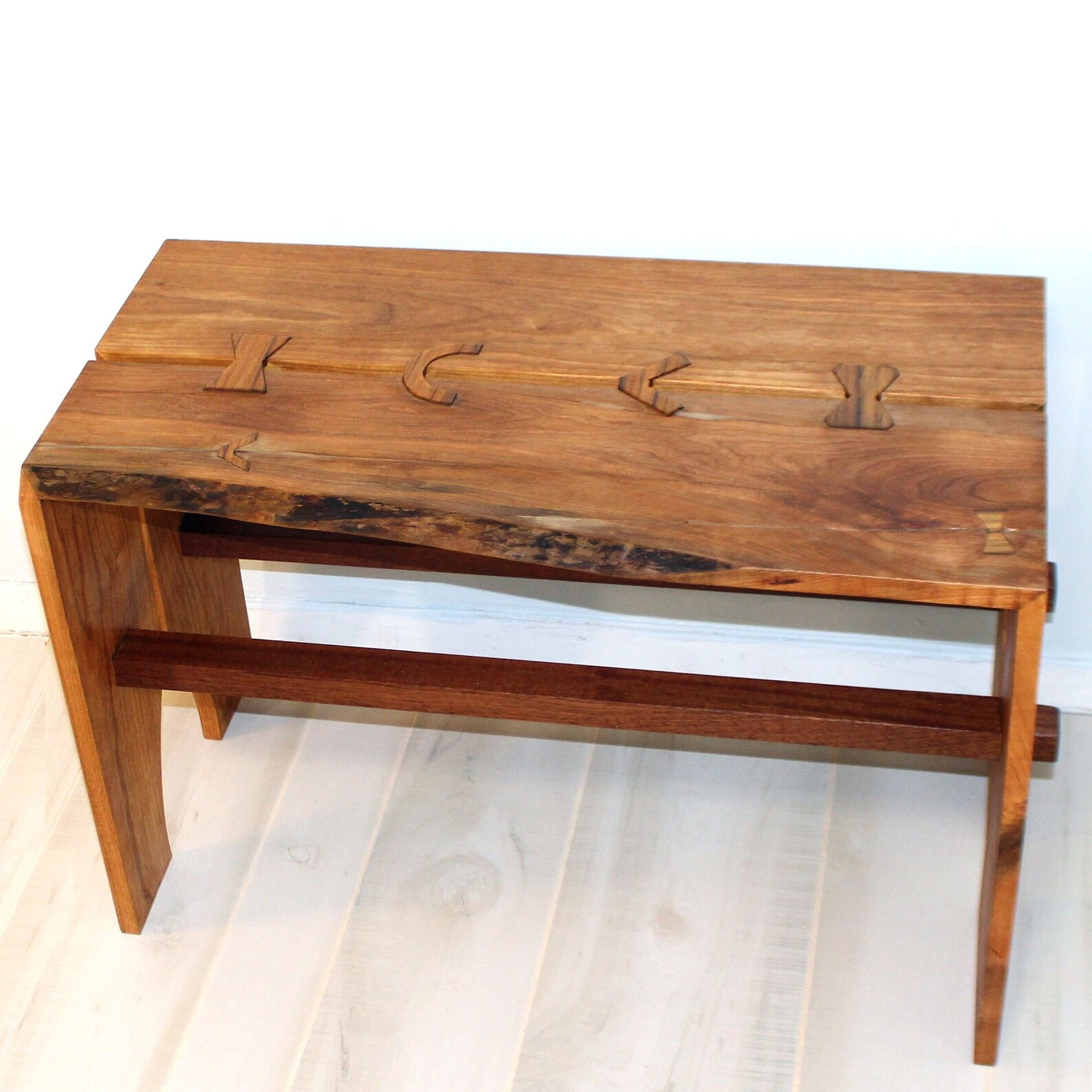Rustic Cherry Wood Bench With Teak Inlays and Sapele Braces, Large ...