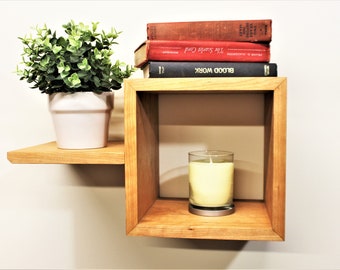 Square Shelf with Extension and Hooks, Hidden Mount Wall Shelf Made from Real Wood; Walnut, Cherry, Oak, Beech