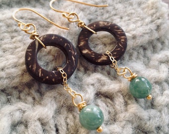 Coconut Donut Ring and Jadeite Beads Dangling Drop Earring Solid 925 Sterling Silver French Ear Wire 18K Gold