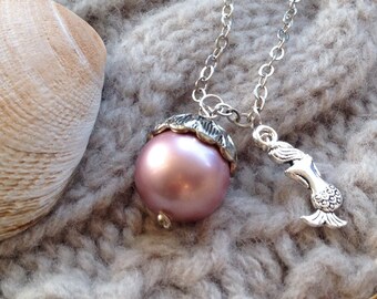 Swarovski Crystal Pearl & Mermaid Charm Necklace Powder Rose Pink/Mauve Purple