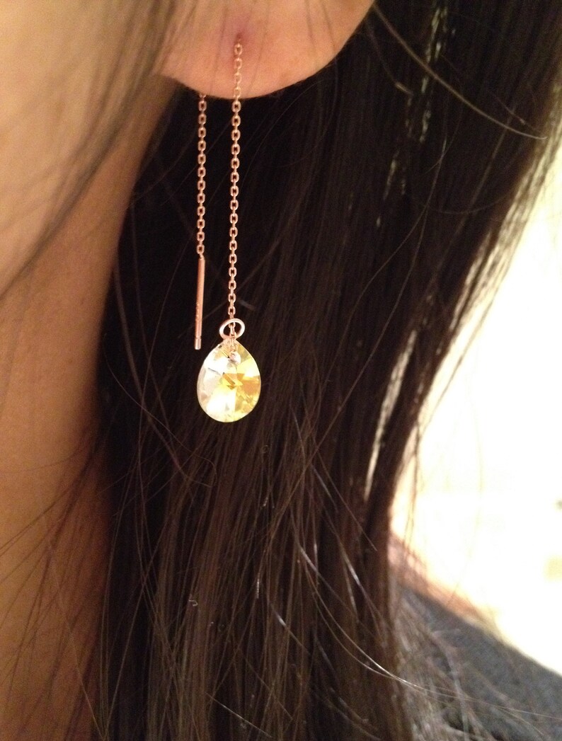 Swarovski crystal AB mini pear pendant 925 sterling silver threader/earline/ear string/dangling drop earring rose gold imagem 4