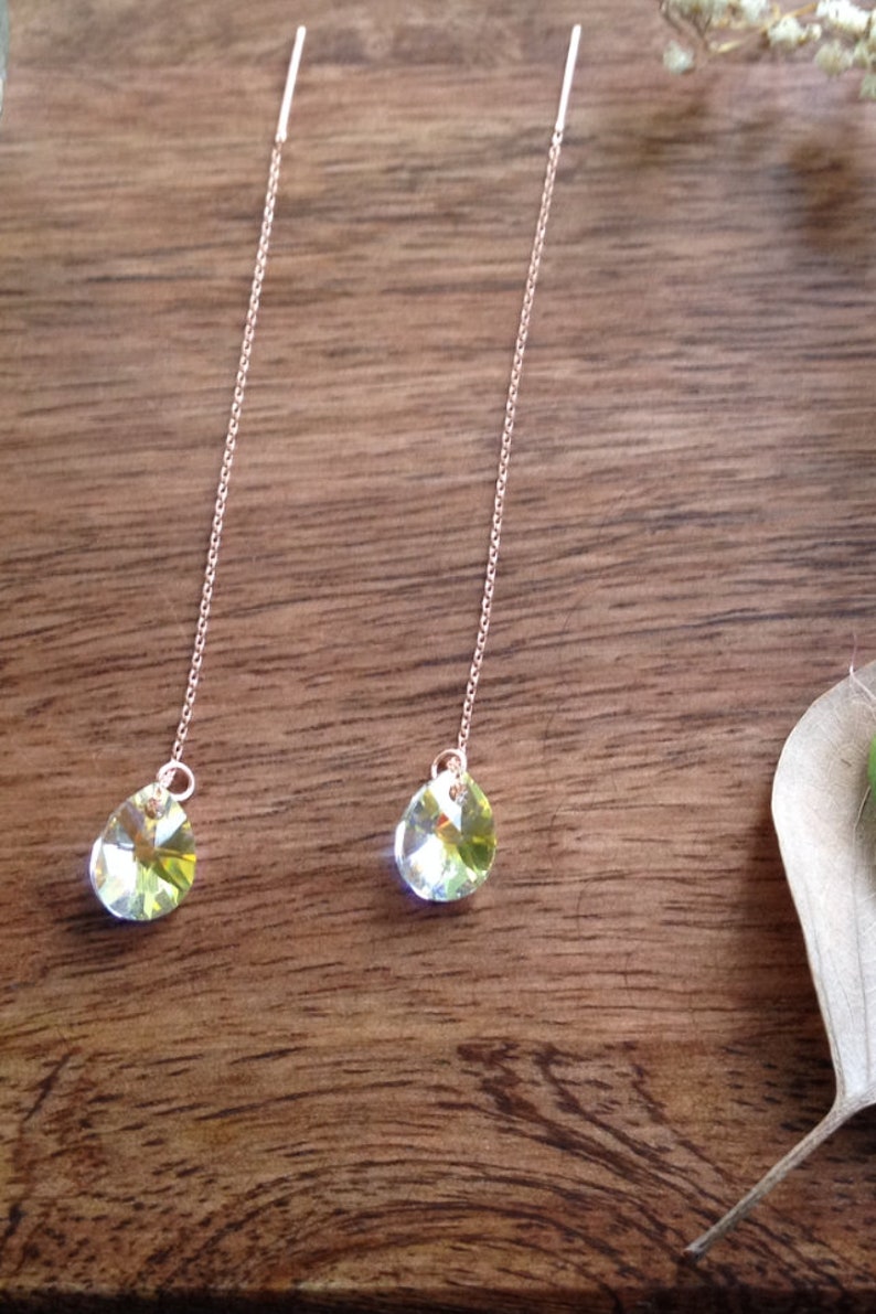 Swarovski crystal AB mini pear pendant 925 sterling silver threader/earline/ear string/dangling drop earring rose gold imagem 3