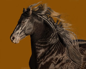 Magnificent Black Andalusian Stallion horse digital painting print, canvas, metal print, Giclée print