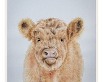 Adorable watercolor fine art print of baby Highland calf, nursery, baby room, animal, wildlife, cows, farm, country, metal print, canvas