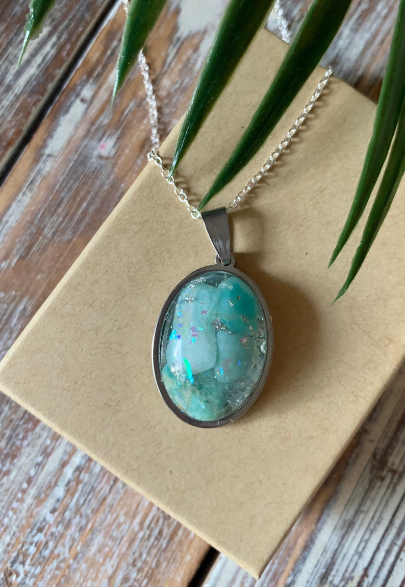 Amazonite Orgone Opalite Pendant Gold Necklace Orgonite EMF Protection Healing Energy Divine feminine