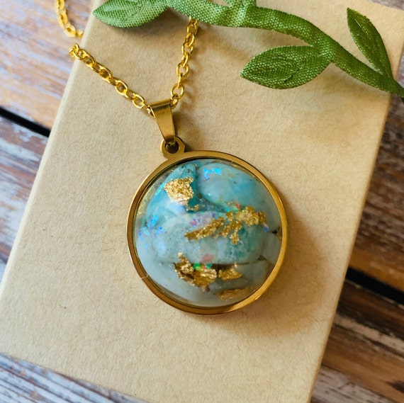 Amazonite Orgone Opalite Pendant Gold Necklace Orgonite EMF Protection Healing Energy Divine feminine